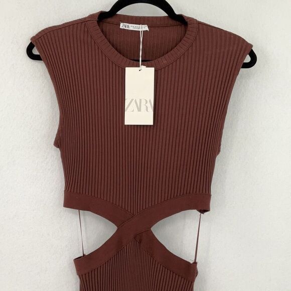 NWT Zara Brown Sleeveless Cut Out Midi Dress Size Medium - Picture 4 of 10